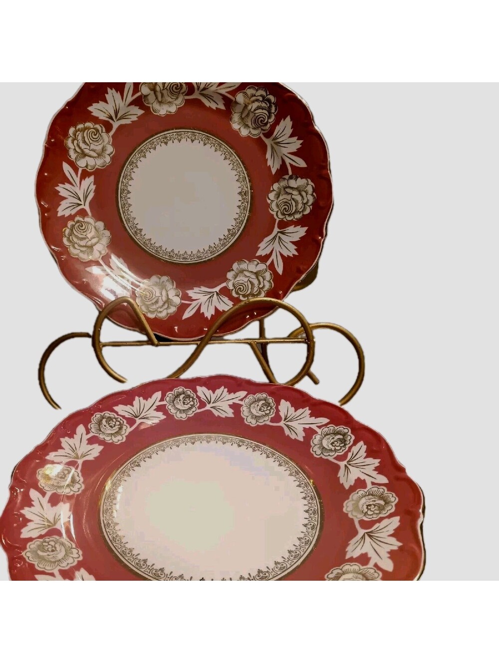 Vintage Antique 4 Schumann Bavaria Dinner Plates White Flower~Rosyred Gold Trim